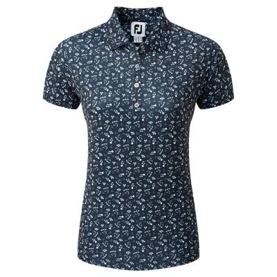 FootJoy Ladies Floral Print Lisle Golf Polo Shirt - Navy/White - thumbnail image 1