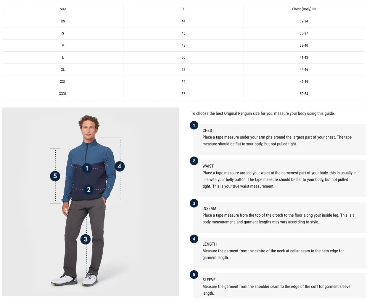 Size Chart for Callaway Chev Quilted Golf Jacket - Black