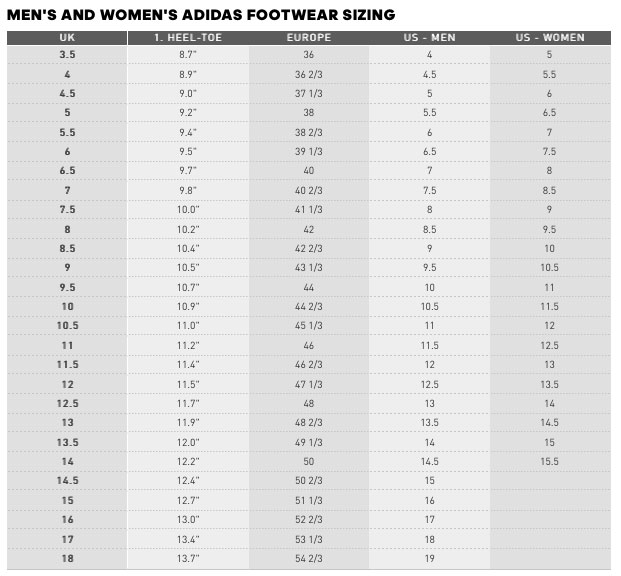 Size Chart for adidas Tour360 24 BOA Boost Golf Shoes - White/White/Black